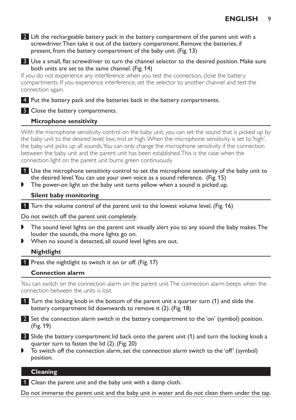 Microphone sensitivity, Silent baby monitoring, Nightlight | Connection alarm, Cleaning | Philips SCX465 User Manual | Page 9 / 132
