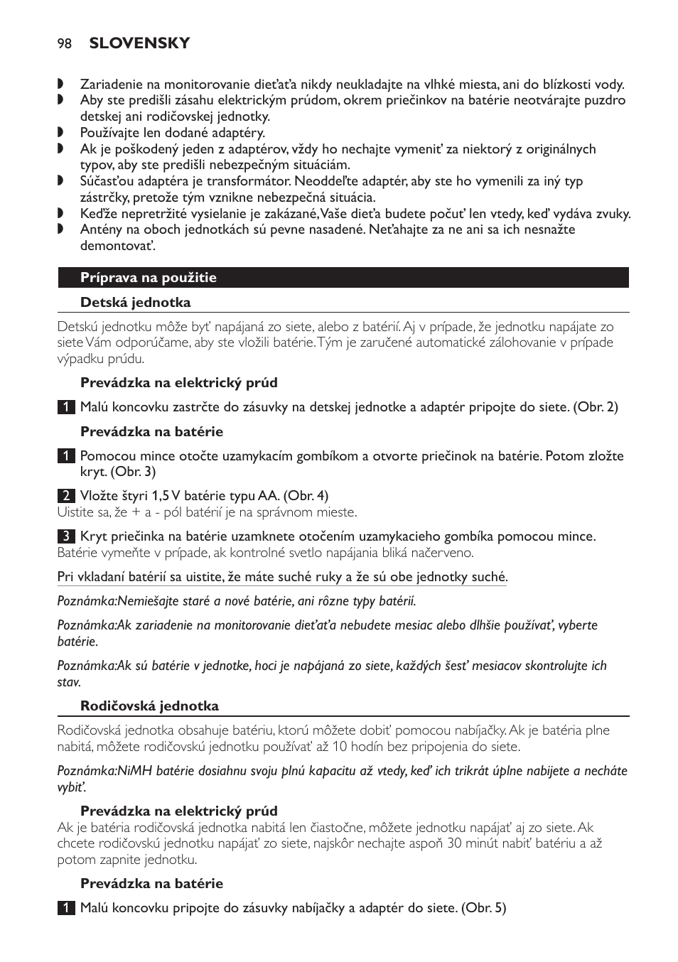 Príprava na použitie, Detská jednotka, Prevádzka na elektrický prúd | Prevádzka na batérie, Rodičovská jednotka | Philips SCX465 User Manual | Page 98 / 132