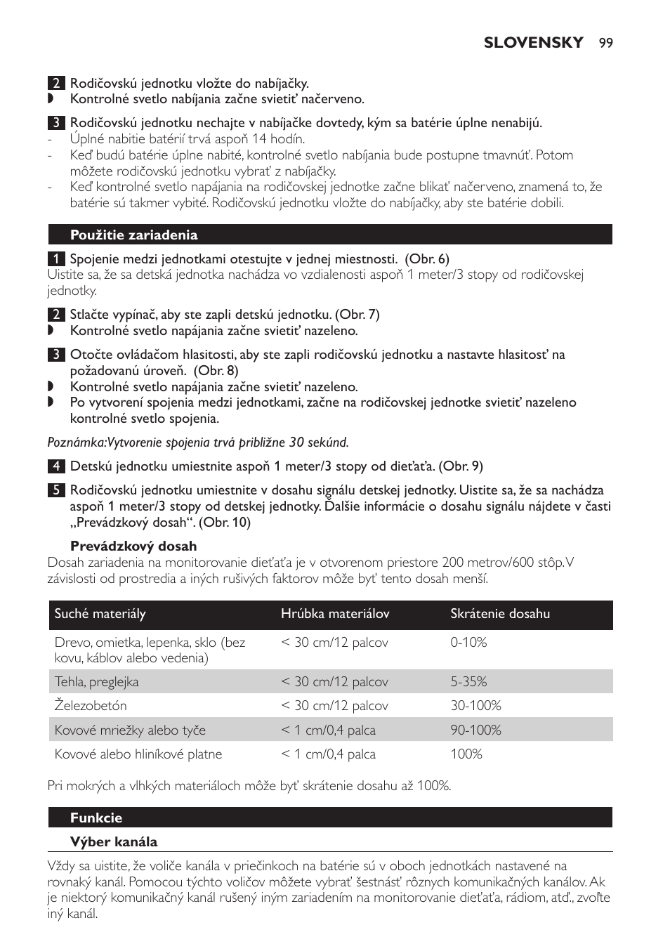 Prevádzkový dosah, Použitie zariadenia, Funkcie | Výber kanála | Philips SCX465 User Manual | Page 99 / 132