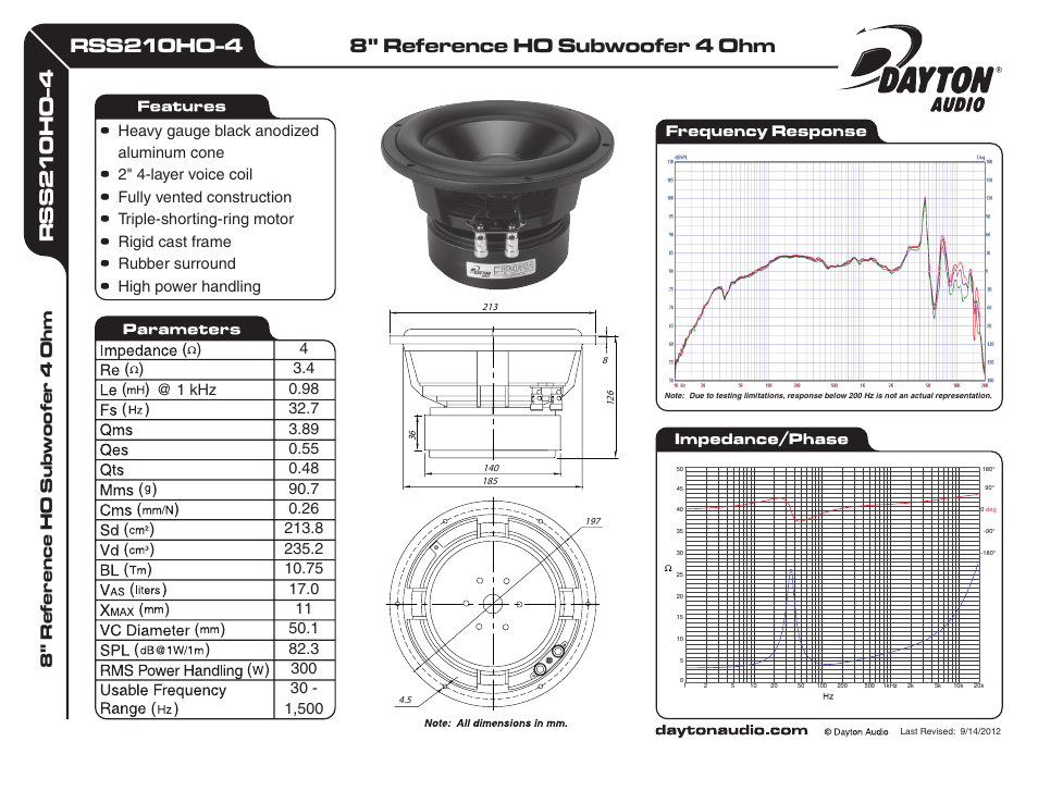 Dayton Audio RSS210HO-4 8" Reference HO Subwoofer 4 Ohm User Manual | 1 page