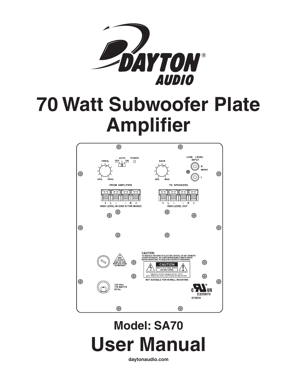 Dayton Audio SA70 70W Subwoofer Plate Amplifier User Manual | 4 pages