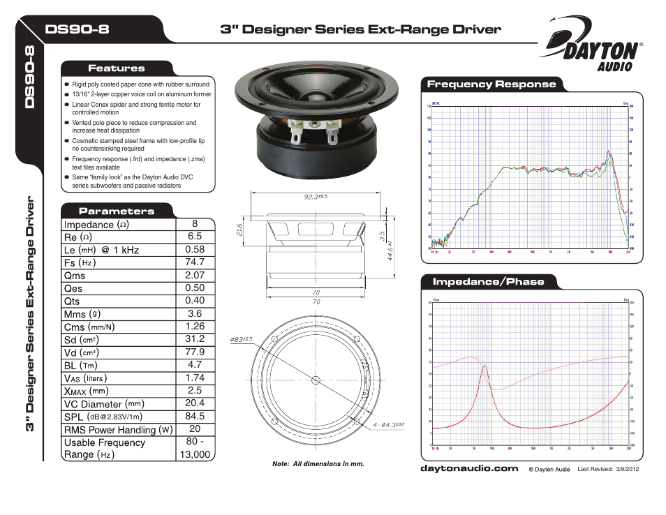 Dayton Audio DS90-8 3" Designer Series Extended-Range Speaker User Manual | 1 page