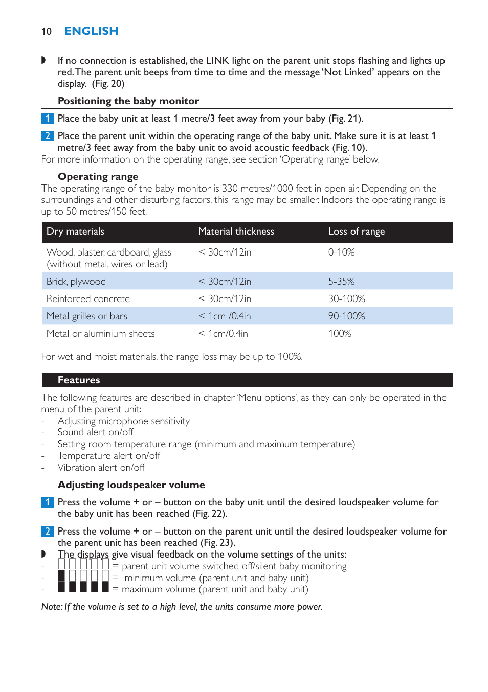 Positioning the baby monitor, Operating range, Features | Adjusting loudspeaker volume, Talk function | Philips SCD530 User Manual | Page 10 / 256