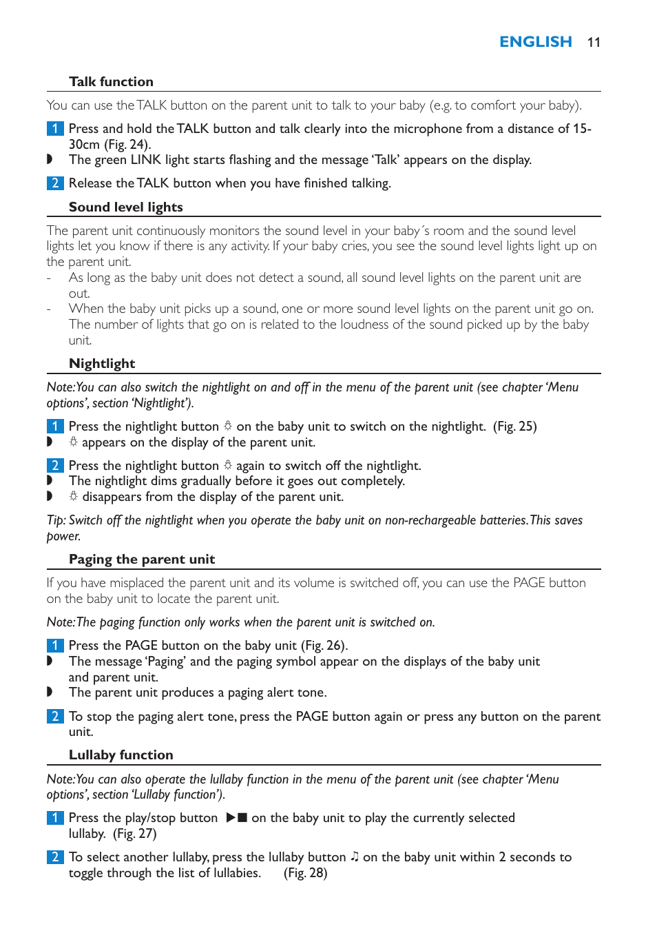 Sound level lights, Nightlight, Paging the parent unit | Lullaby function | Philips SCD530 User Manual | Page 11 / 256
