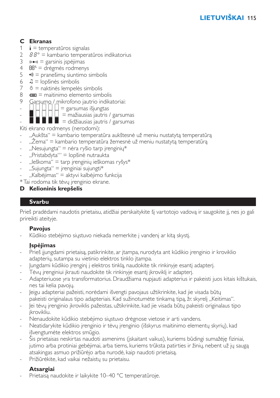Pavojus, Įspėjimas, Atsargiai | Svarbu | Philips SCD530 User Manual | Page 115 / 256