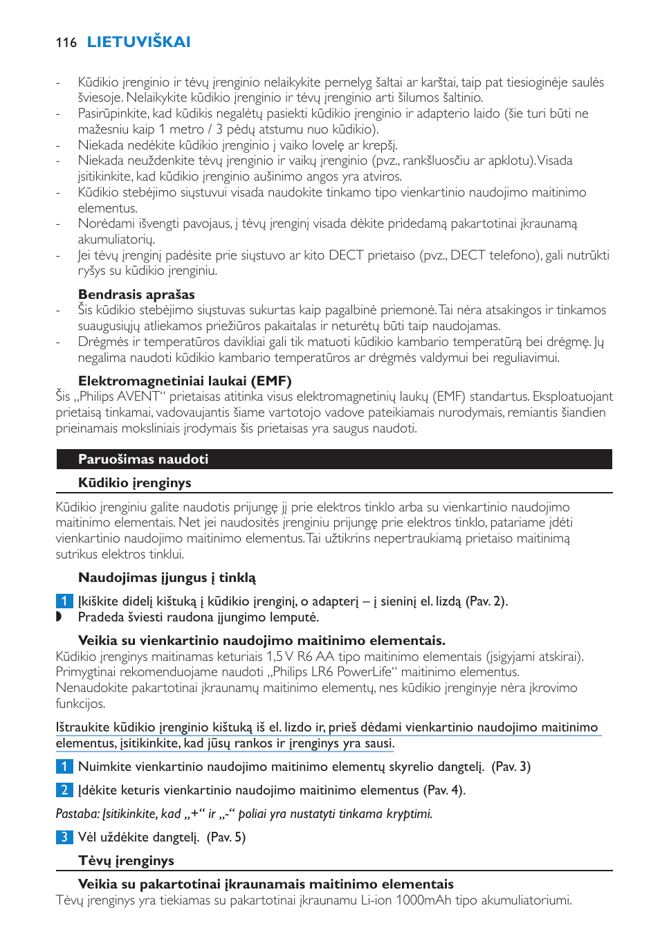 Bendrasis aprašas, Elektromagnetiniai laukai (emf), Paruošimas naudoti | Kūdikio įrenginys, Naudojimas įjungus į tinklą, Tėvų įrenginys | Philips SCD530 User Manual | Page 116 / 256