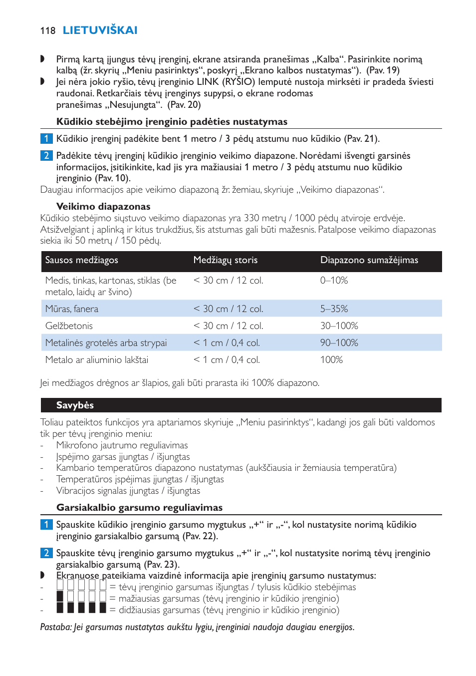Kūdikio stebėjimo įrenginio padėties nustatymas, Veikimo diapazonas, Savybės | Garsiakalbio garsumo reguliavimas | Philips SCD530 User Manual | Page 118 / 256