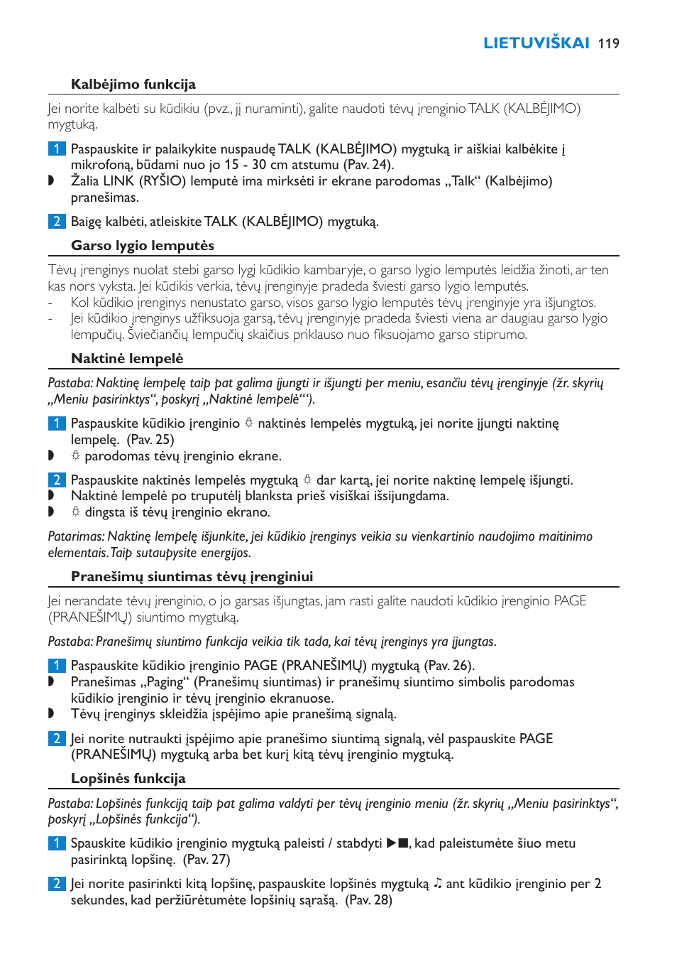 Kalbėjimo funkcija, Garso lygio lemputės, Naktinė lempelė | Pranešimų siuntimas tėvų įrenginiui, Lopšinės funkcija | Philips SCD530 User Manual | Page 119 / 256