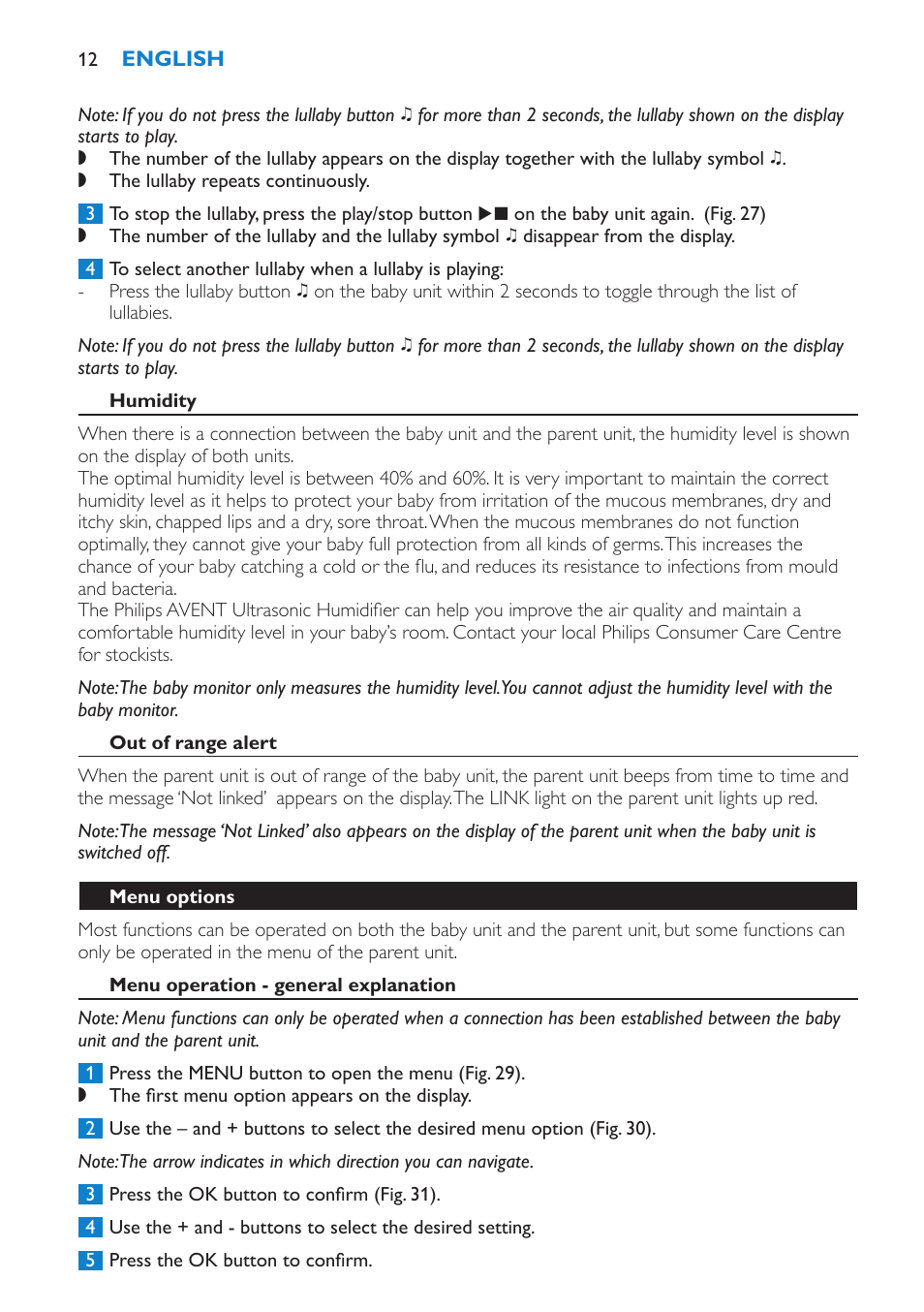 Humidity, Out of range alert, Menu options | Menu operation - general explanation | Philips SCD530 User Manual | Page 12 / 256