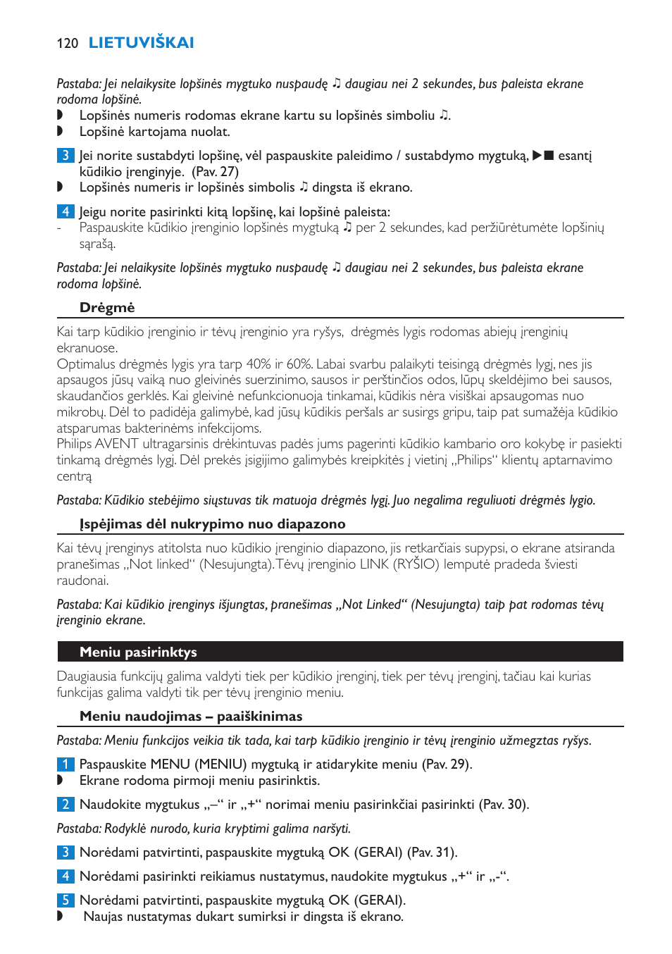 Drėgmė, Įspėjimas dėl nukrypimo nuo diapazono, Meniu pasirinktys | Meniu naudojimas – paaiškinimas | Philips SCD530 User Manual | Page 120 / 256