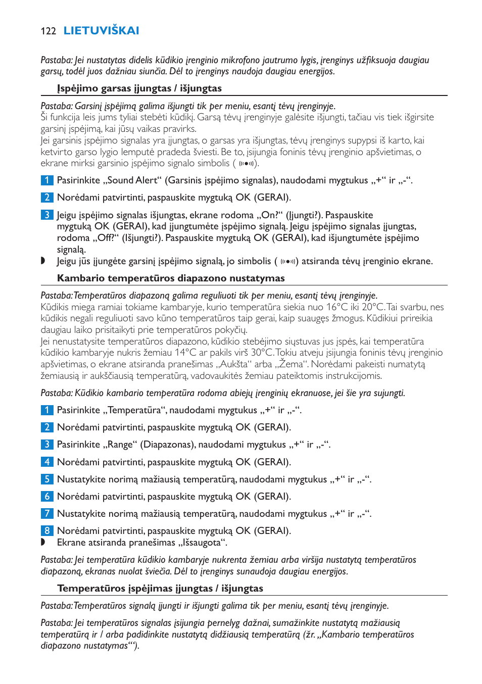 Įspėjimo garsas įjungtas / išjungtas, Kambario temperatūros diapazono nustatymas, Temperatūros įspėjimas įjungtas / išjungtas | Philips SCD530 User Manual | Page 122 / 256