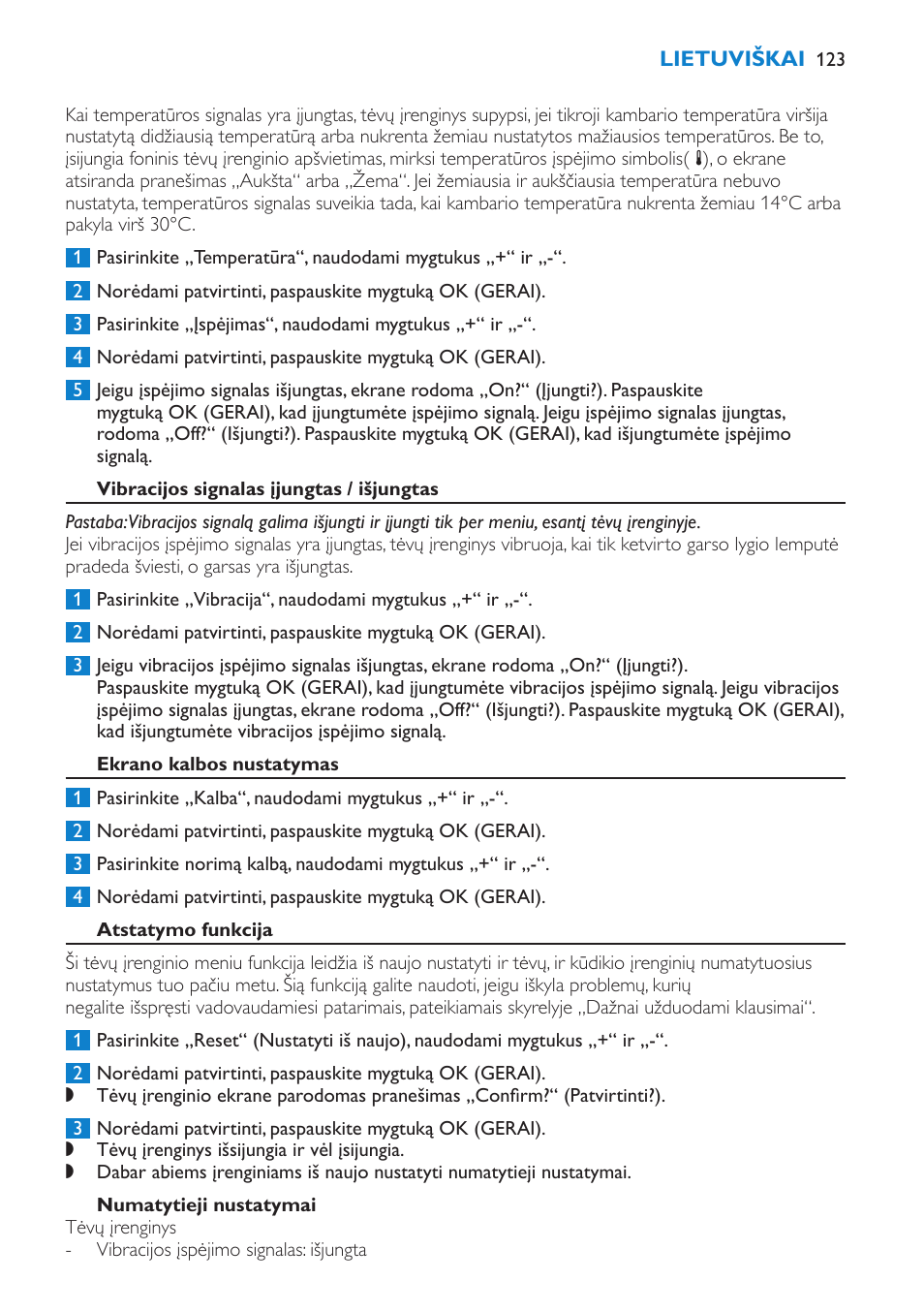 Vibracijos signalas įjungtas / išjungtas, Ekrano kalbos nustatymas, Atstatymo funkcija | Numatytieji nustatymai | Philips SCD530 User Manual | Page 123 / 256