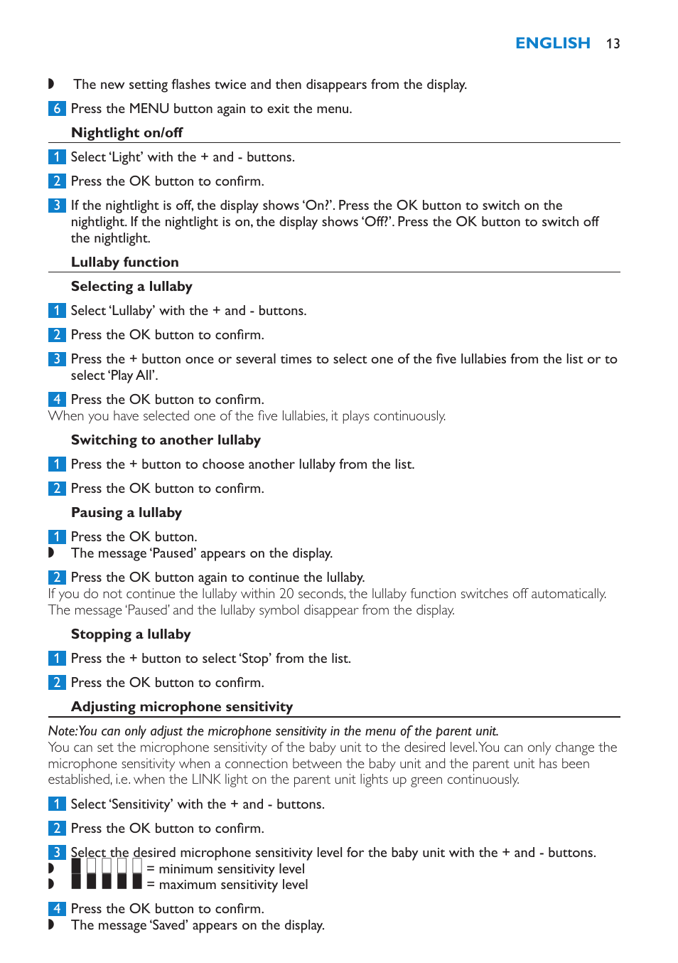 Nightlight on/off, Lullaby function, Selecting a lullaby | Switching to another lullaby, Pausing a lullaby, Stopping a lullaby, Adjusting microphone sensitivity | Philips SCD530 User Manual | Page 13 / 256