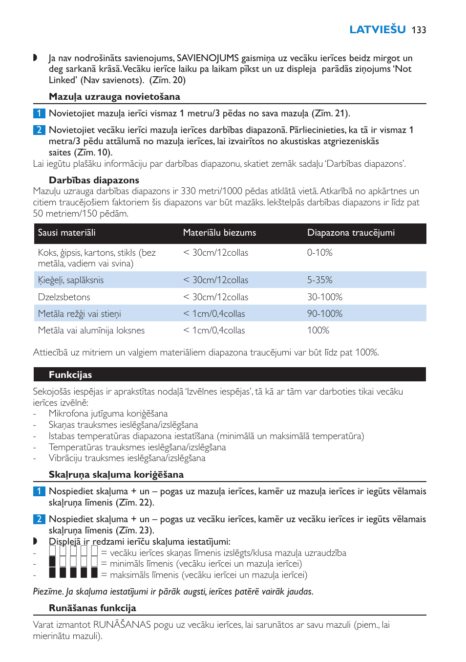 Mazuļa uzrauga novietošana, Darbības diapazons, Funkcijas | Skaļruņa skaļuma koriģēšana | Philips SCD530 User Manual | Page 133 / 256