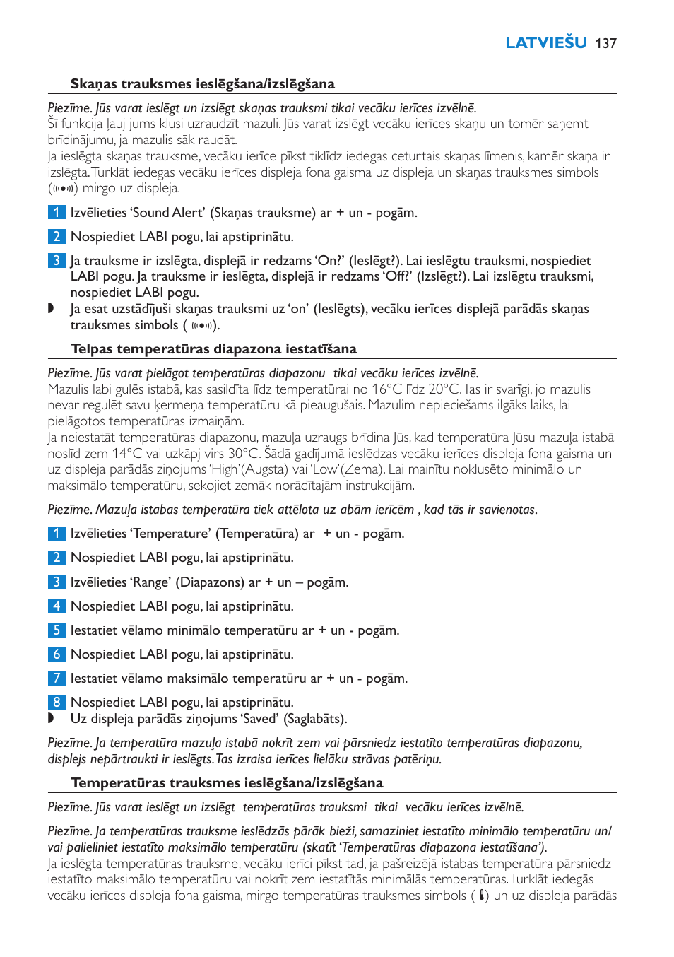 Skaņas trauksmes ieslēgšana/izslēgšana, Telpas temperatūras diapazona iestatīšana, Temperatūras trauksmes ieslēgšana/izslēgšana | Philips SCD530 User Manual | Page 137 / 256