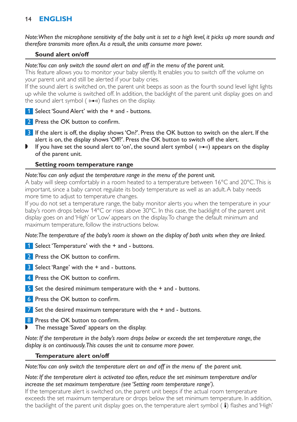 Sound alert on/off, Setting room temperature range, Temperature alert on/off | Philips SCD530 User Manual | Page 14 / 256