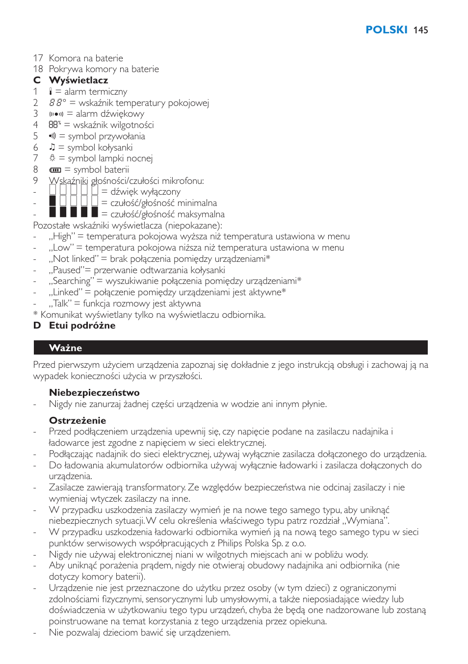 Niebezpieczeństwo, Ostrzeżenie, Ważne | Philips SCD530 User Manual | Page 145 / 256