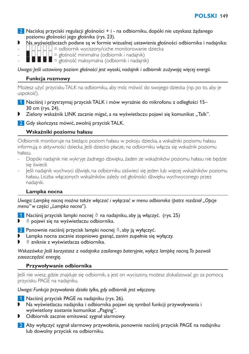 Regulacja poziomu głośności głośnika, Funkcja rozmowy, Wskaźniki poziomu hałasu | Lampka nocna, Przywoływanie odbiornika | Philips SCD530 User Manual | Page 149 / 256