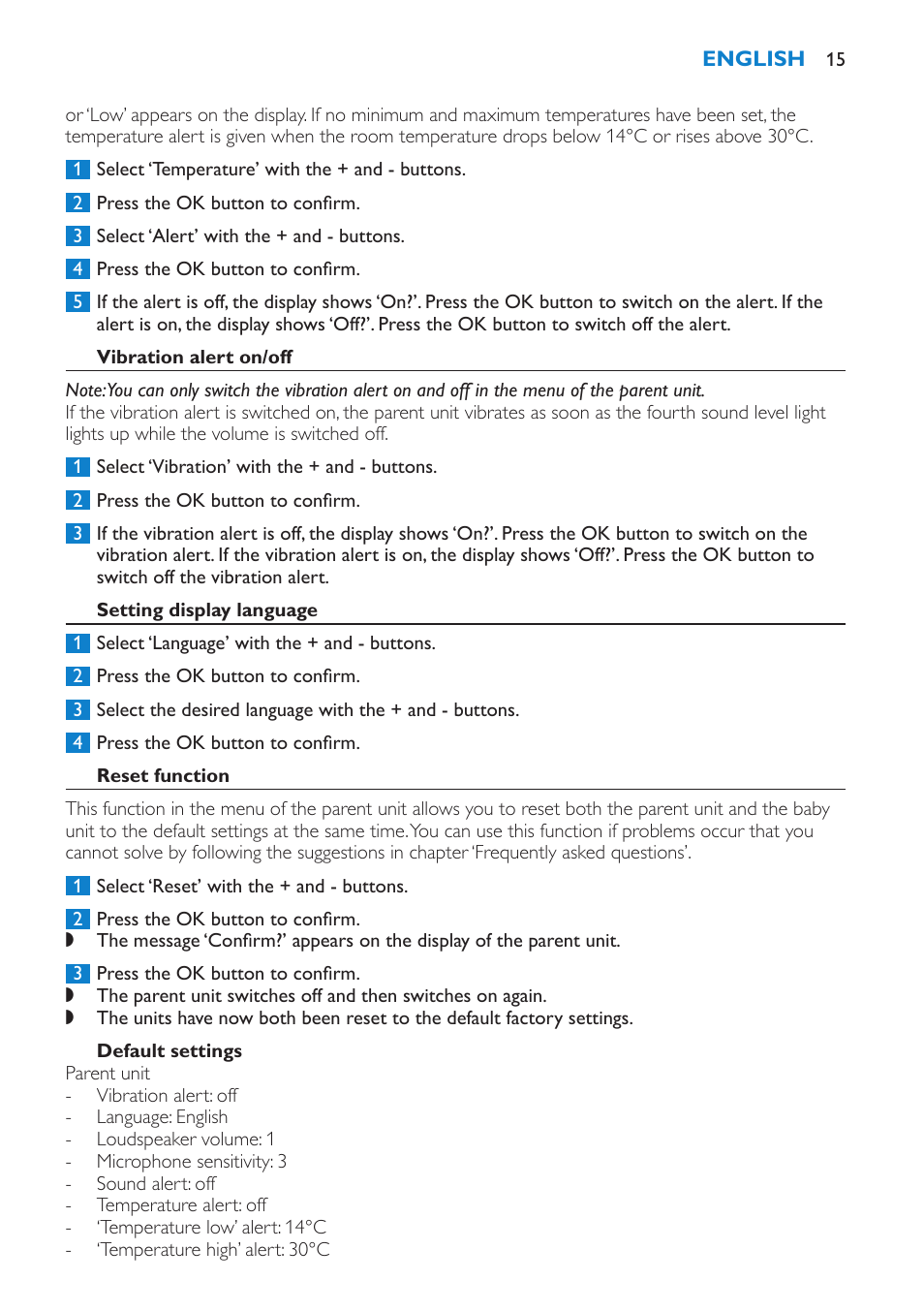 Vibration alert on/off, Setting display language, Reset function | Default settings | Philips SCD530 User Manual | Page 15 / 256