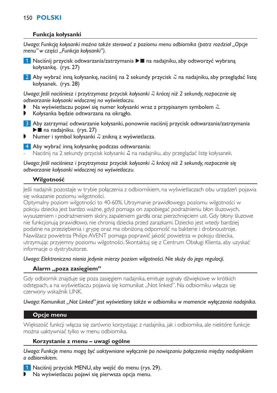 Funkcja kołysanki, Wilgotność, Alarm „poza zasięgiem | Opcje menu, Korzystanie z menu – uwagi ogólne | Philips SCD530 User Manual | Page 150 / 256