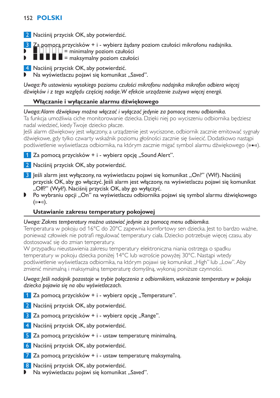 Włączanie i wyłączanie alarmu dźwiękowego, Ustawianie zakresu temperatury pokojowej | Philips SCD530 User Manual | Page 152 / 256