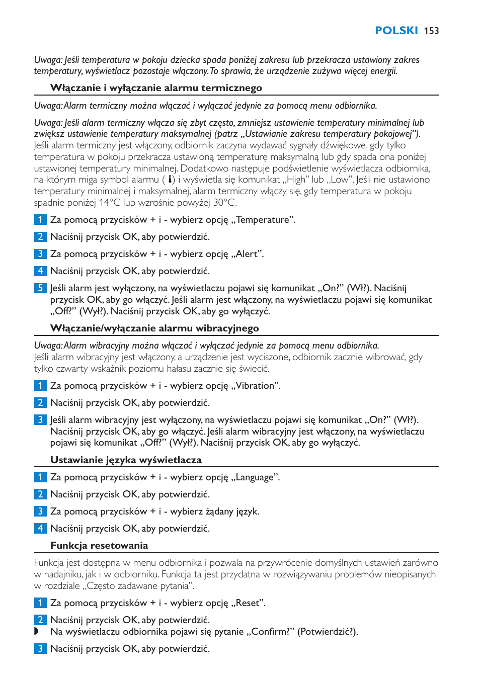 Włączanie i wyłączanie alarmu termicznego, Włączanie/wyłączanie alarmu wibracyjnego, Ustawianie języka wyświetlacza | Funkcja resetowania | Philips SCD530 User Manual | Page 153 / 256
