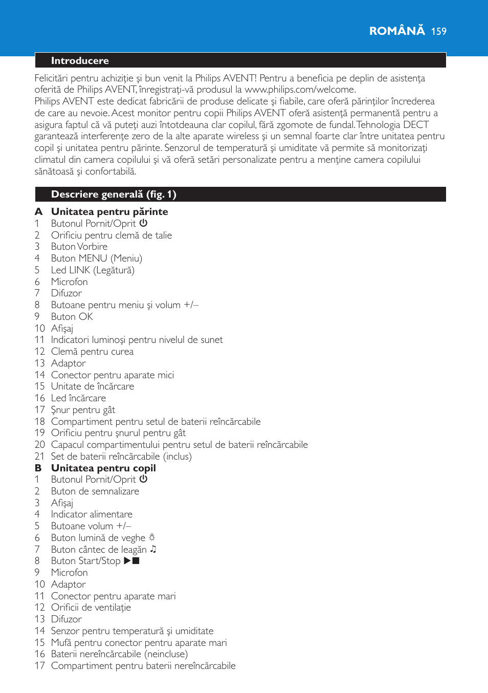 Română, Introducere, Descriere generală (fig. 1) | Philips SCD530 User Manual | Page 159 / 256