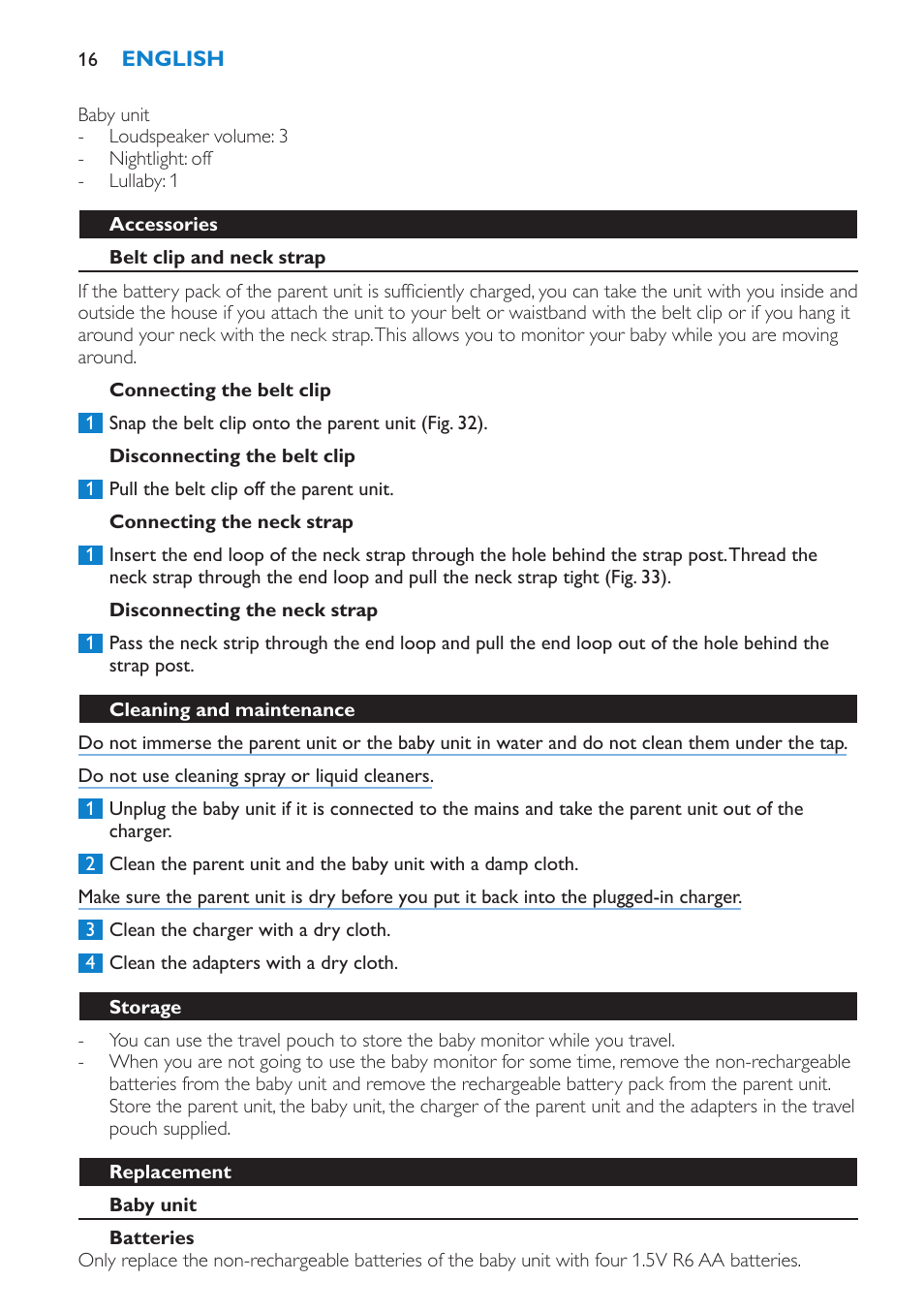 Accessories, Belt clip and neck strap, Connecting the belt clip | Disconnecting the belt clip, Connecting the neck strap, Disconnecting the neck strap, Cleaning and maintenance, Storage, Replacement, Baby unit | Philips SCD530 User Manual | Page 16 / 256