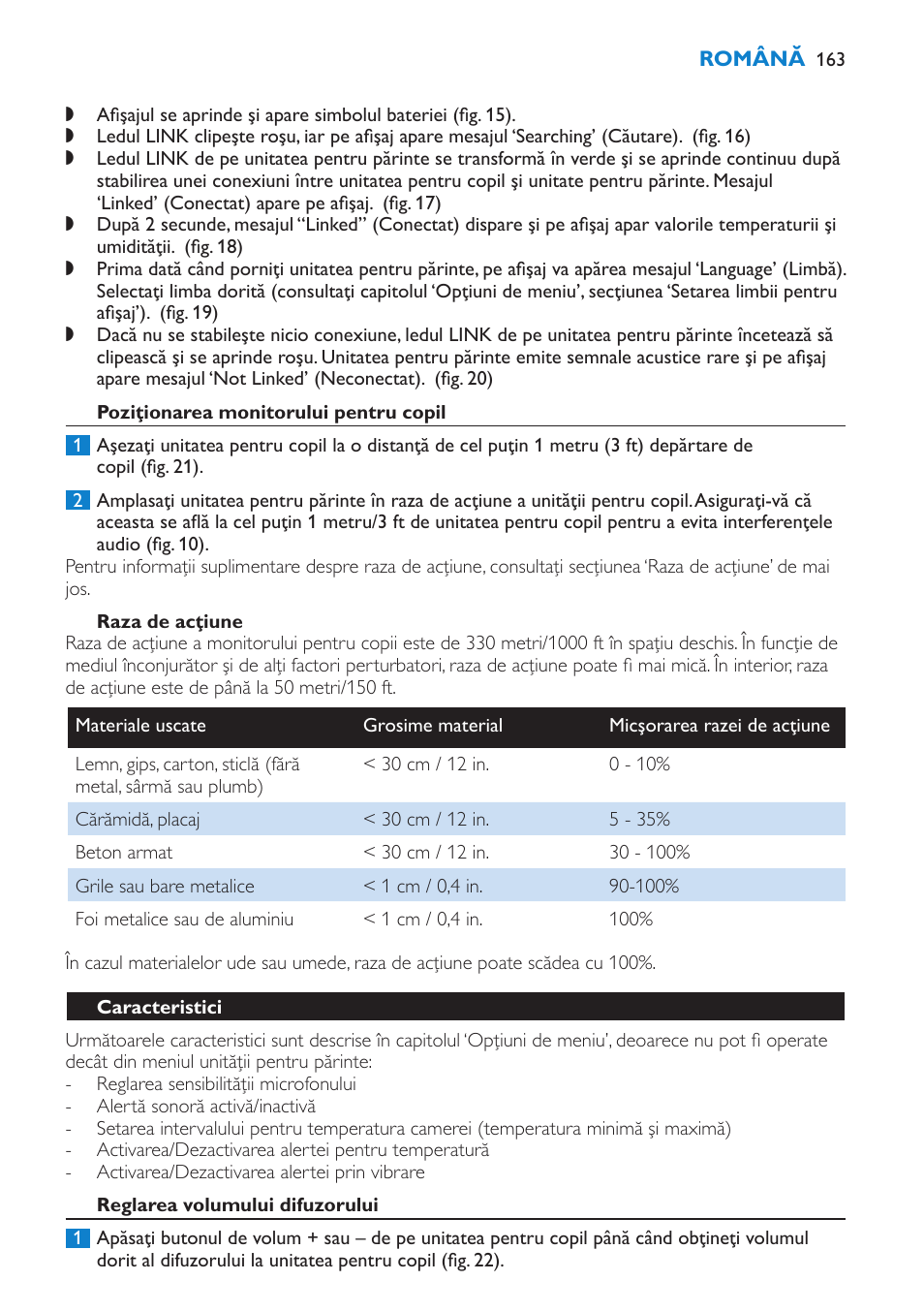 Poziţionarea monitorului pentru copil, Raza de acţiune, Caracteristici | Reglarea volumului difuzorului | Philips SCD530 User Manual | Page 163 / 256