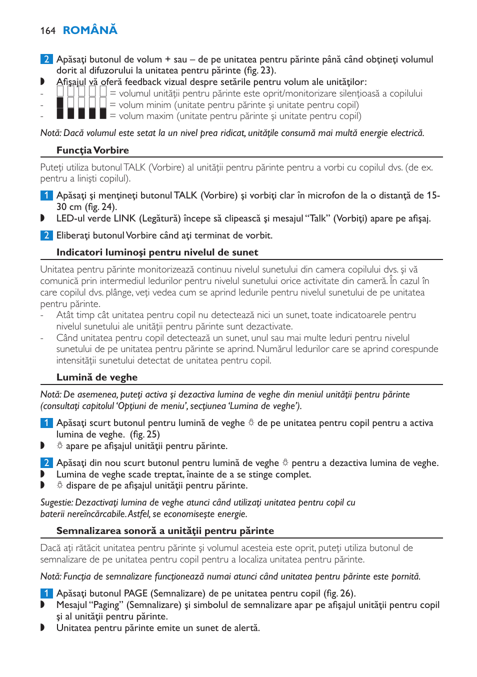 Funcţia vorbire, Indicatori luminoşi pentru nivelul de sunet, Lumină de veghe | Semnalizarea sonoră a unităţii pentru părinte | Philips SCD530 User Manual | Page 164 / 256