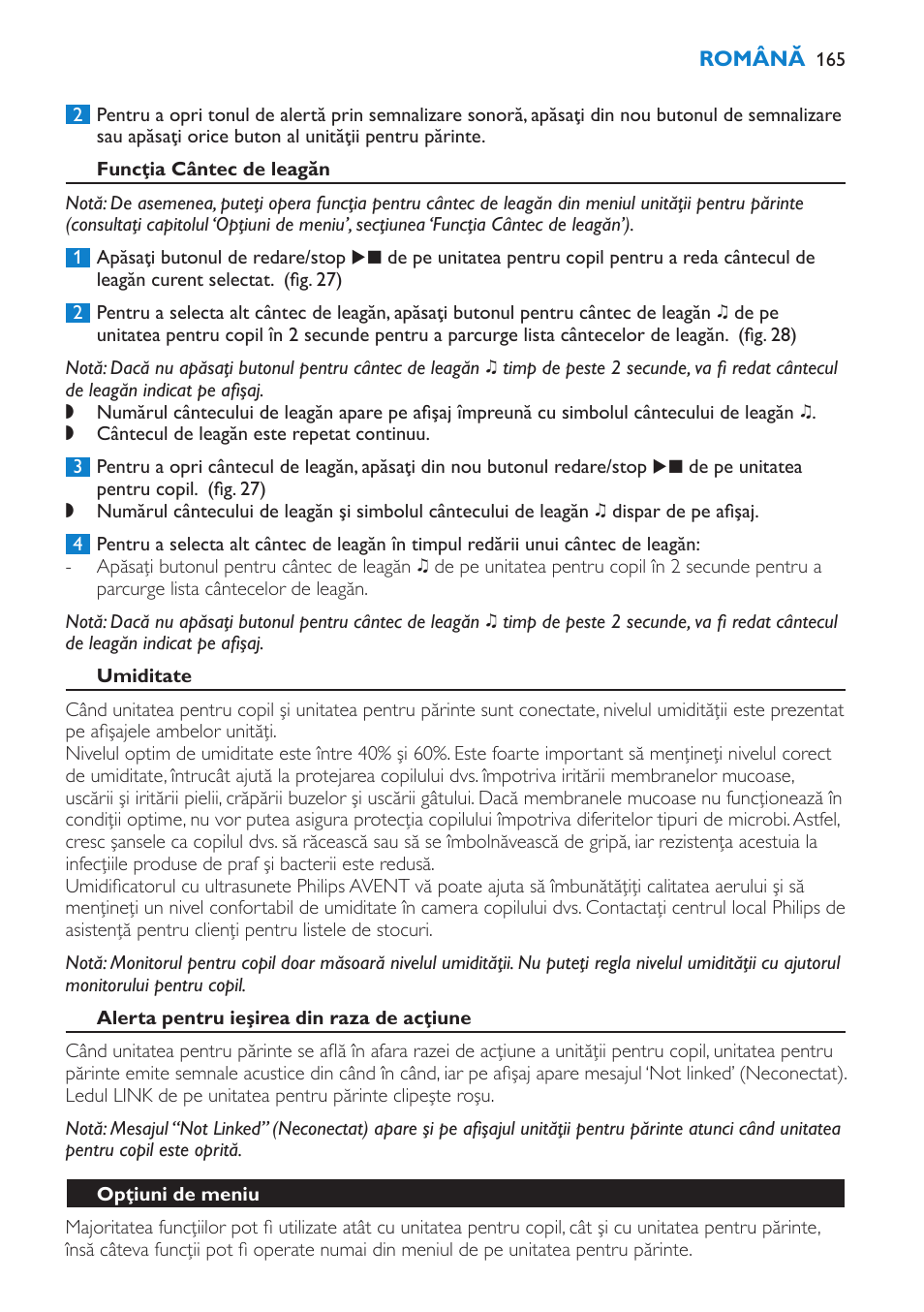 Funcţia cântec de leagăn, Umiditate, Alerta pentru ieşirea din raza de acţiune | Opţiuni de meniu | Philips SCD530 User Manual | Page 165 / 256