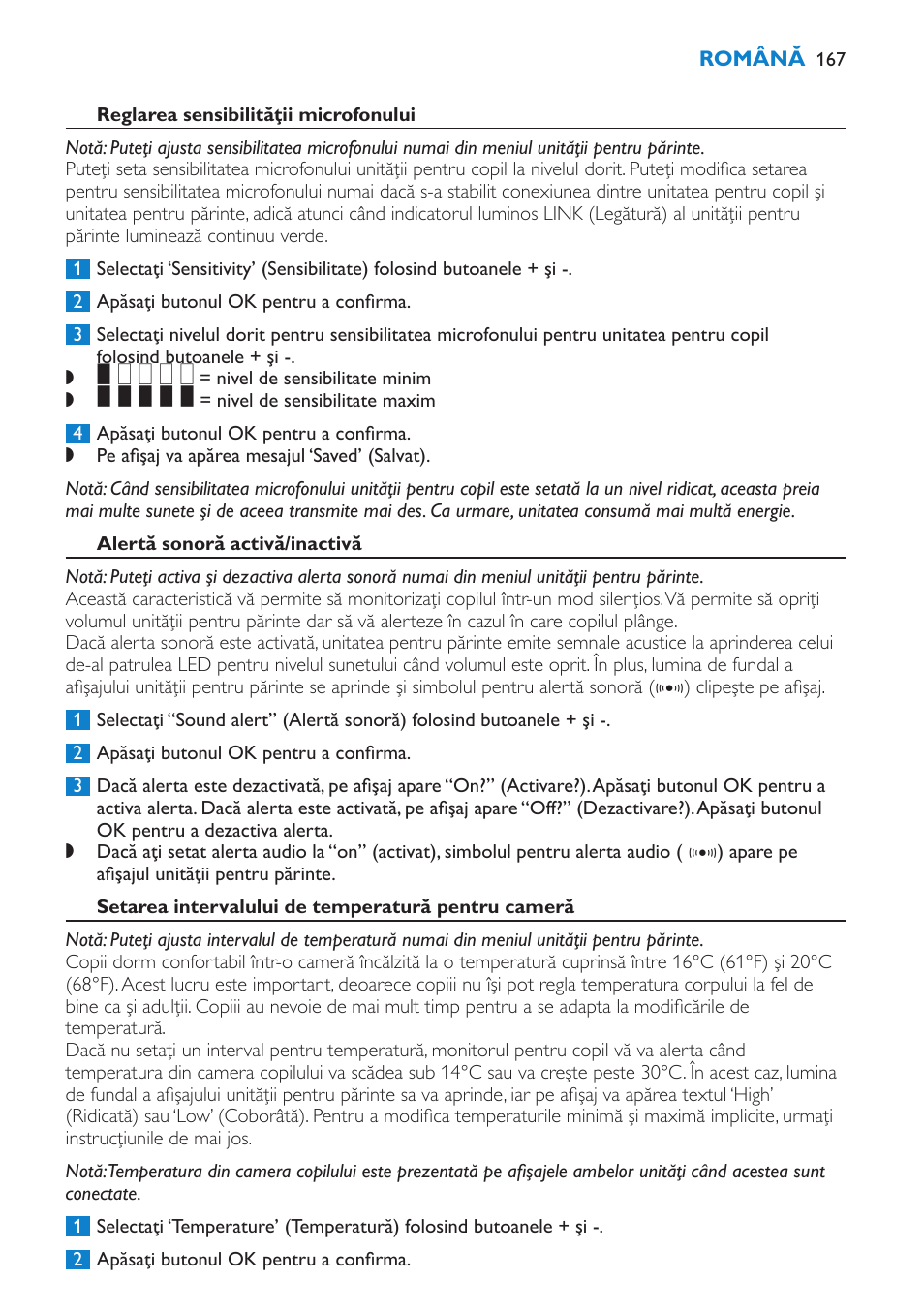 Reglarea sensibilităţii microfonului, Alertă sonoră activă/inactivă, Setarea intervalului de temperatură pentru cameră | Philips SCD530 User Manual | Page 167 / 256