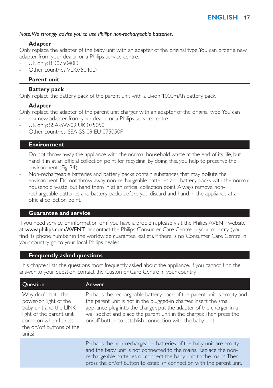 Adapter, Parent unit, Battery pack | Environment, Guarantee and service, Frequently asked questions | Philips SCD530 User Manual | Page 17 / 256