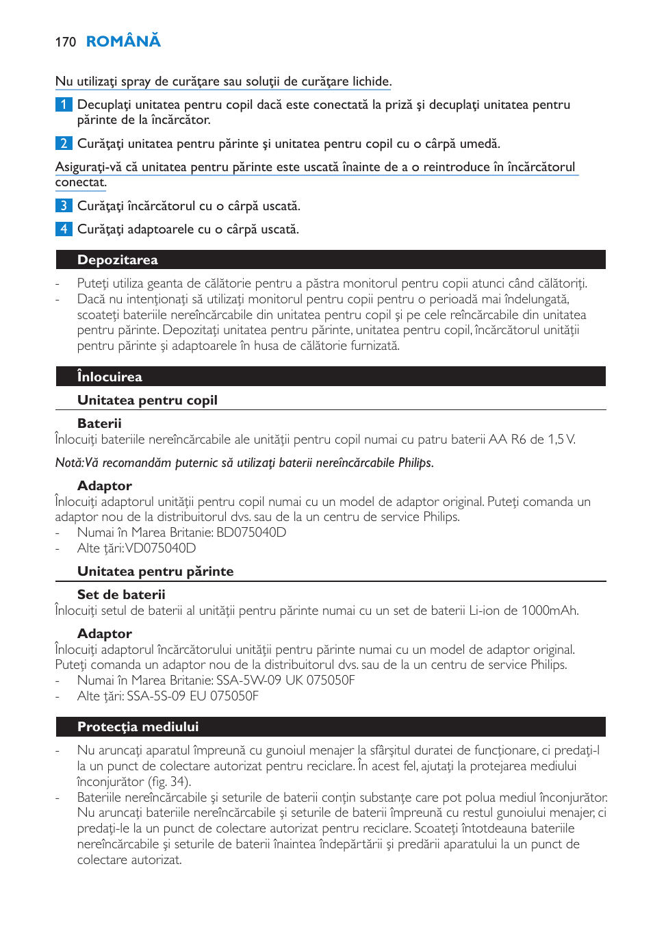 Depozitarea, Înlocuirea, Unitatea pentru copil | Baterii, Adaptor, Unitatea pentru părinte, Set de baterii, Protecţia mediului | Philips SCD530 User Manual | Page 170 / 256
