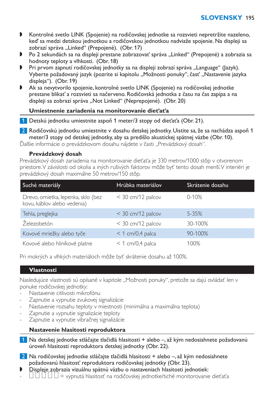 Umiestnenie zariadenia na monitorovanie dieťaťa, Prevádzkový dosah, Vlastnosti | Nastavenie hlasitosti reproduktora | Philips SCD530 User Manual | Page 195 / 256