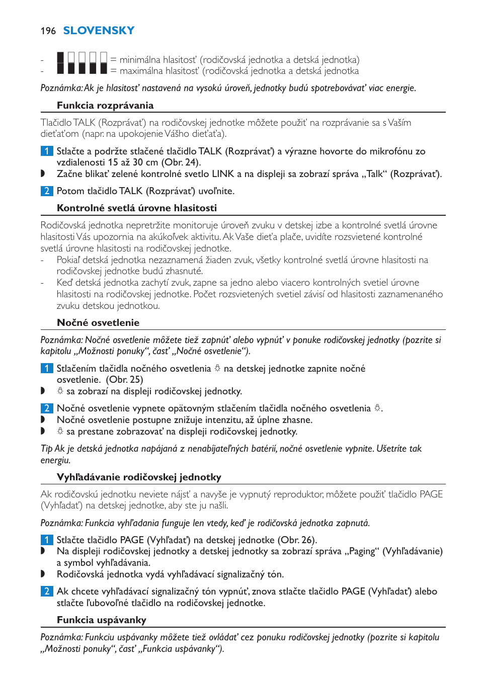 Funkcia rozprávania, Kontrolné svetlá úrovne hlasitosti, Nočné osvetlenie | Vyhľadávanie rodičovskej jednotky, Funkcia uspávanky | Philips SCD530 User Manual | Page 196 / 256