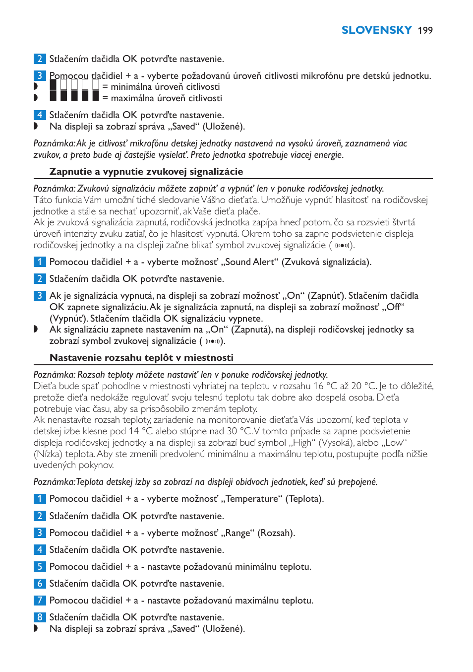 Zapnutie a vypnutie zvukovej signalizácie, Nastavenie rozsahu teplôt v miestnosti | Philips SCD530 User Manual | Page 199 / 256