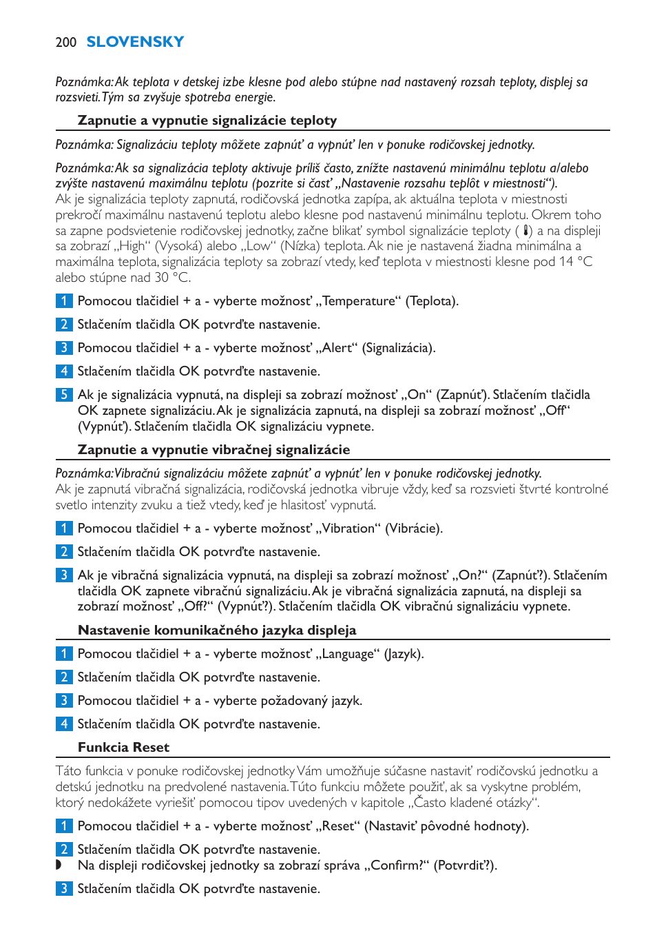 Zapnutie a vypnutie signalizácie teploty, Zapnutie a vypnutie vibračnej signalizácie, Nastavenie komunikačného jazyka displeja | Funkcia reset | Philips SCD530 User Manual | Page 200 / 256
