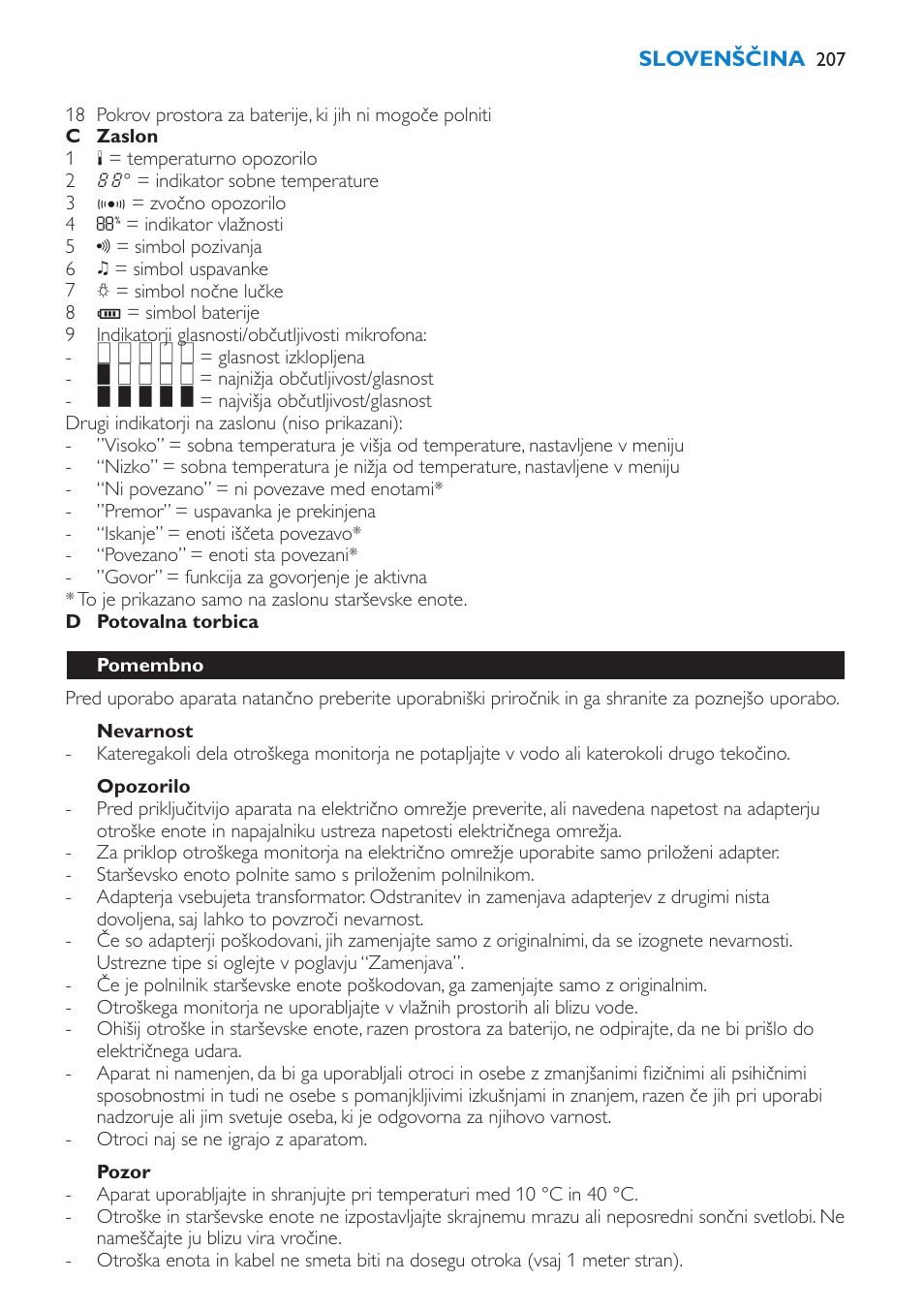 Nevarnost, Opozorilo, Pozor | Pomembno | Philips SCD530 User Manual | Page 207 / 256