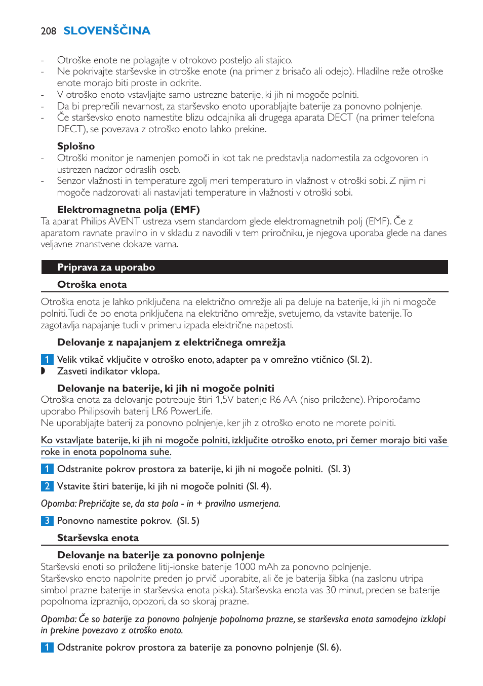 Splošno, Elektromagnetna polja (emf), Priprava za uporabo | Otroška enota, Delovanje z napajanjem z električnega omrežja, Delovanje na baterije, ki jih ni mogoče polniti, Starševska enota, Delovanje na baterije za ponovno polnjenje | Philips SCD530 User Manual | Page 208 / 256