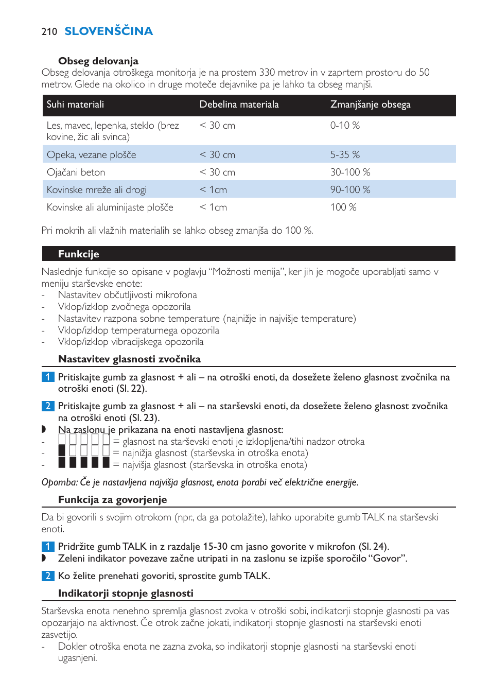 Nameščanje otroškega monitorja, Obseg delovanja, Funkcije | Nastavitev glasnosti zvočnika, Funkcija za govorjenje | Philips SCD530 User Manual | Page 210 / 256