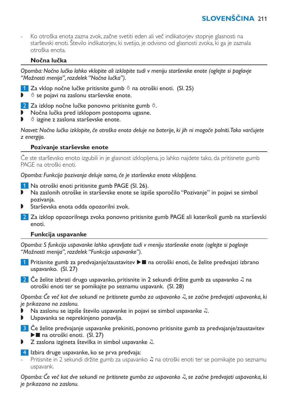 Indikatorji stopnje glasnosti, Nočna lučka, Pozivanje starševske enote | Funkcija uspavanke | Philips SCD530 User Manual | Page 211 / 256