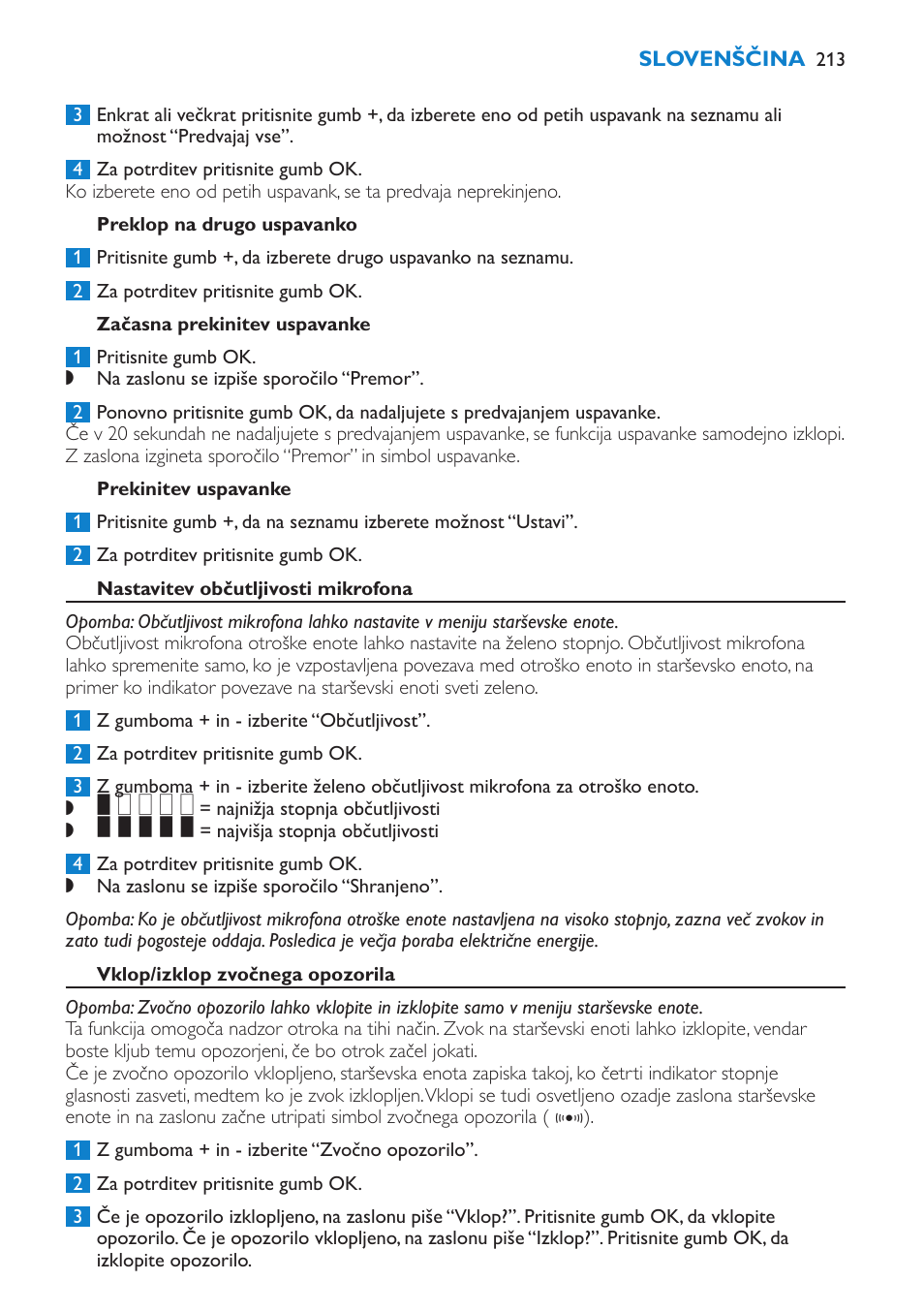 Funkcija uspavanke, Izbira uspavanke, Preklop na drugo uspavanko | Začasna prekinitev uspavanke, Prekinitev uspavanke, Nastavitev občutljivosti mikrofona, Vklop/izklop zvočnega opozorila | Philips SCD530 User Manual | Page 213 / 256