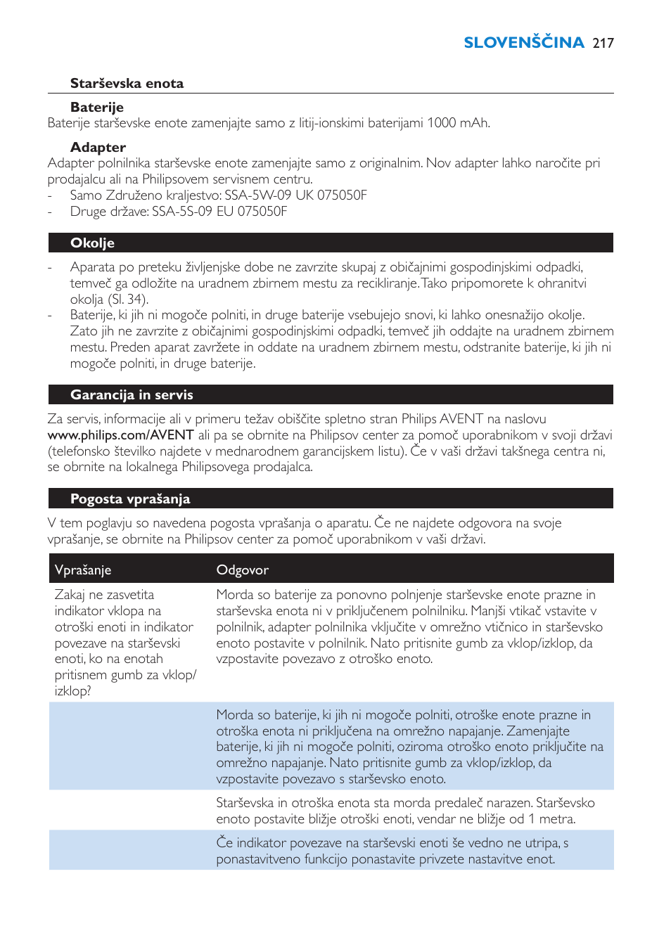 Starševska enota, Baterije, Adapter | Okolje, Garancija in servis, Pogosta vprašanja | Philips SCD530 User Manual | Page 217 / 256