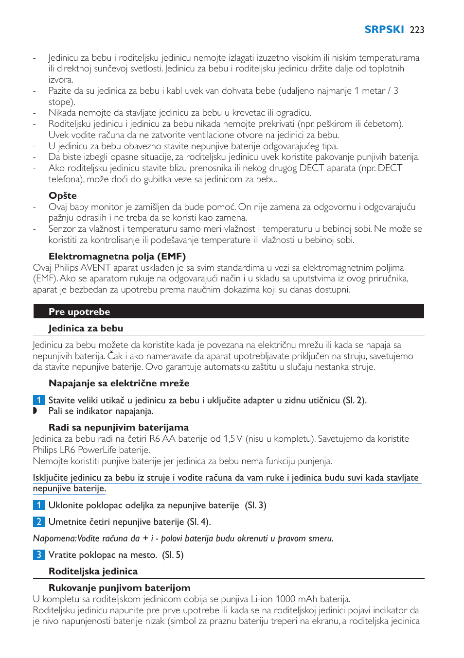 Opšte, Elektromagnetna polja (emf), Pre upotrebe | Jedinica za bebu, Napajanje sa električne mreže, Radi sa nepunjivim baterijama, Roditeljska jedinica, Rukovanje punjivom baterijom | Philips SCD530 User Manual | Page 223 / 256