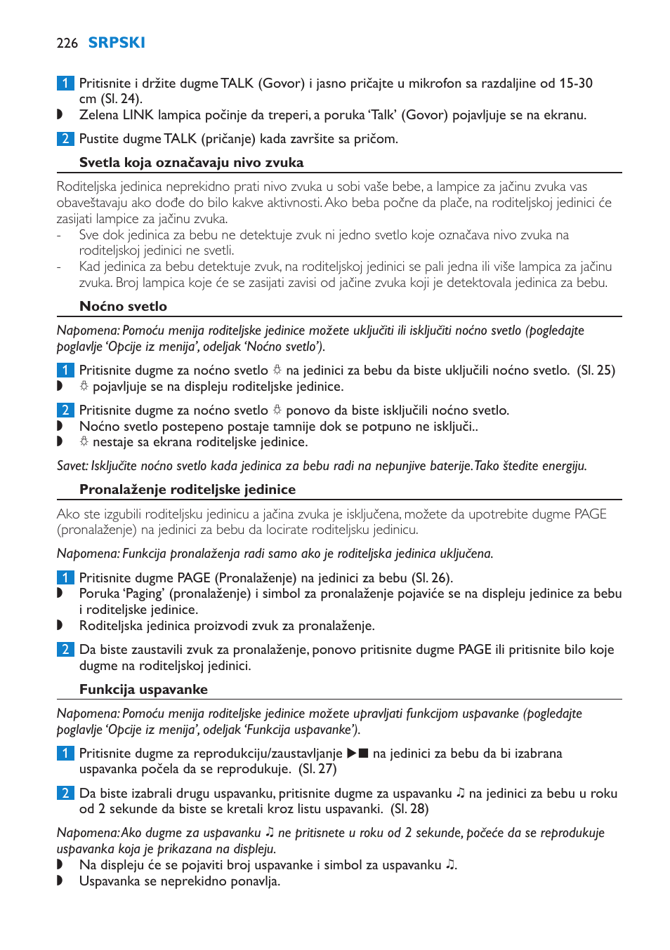 Svetla koja označavaju nivo zvuka, Noćno svetlo, Pronalaženje roditeljske jedinice | Funkcija uspavanke | Philips SCD530 User Manual | Page 226 / 256