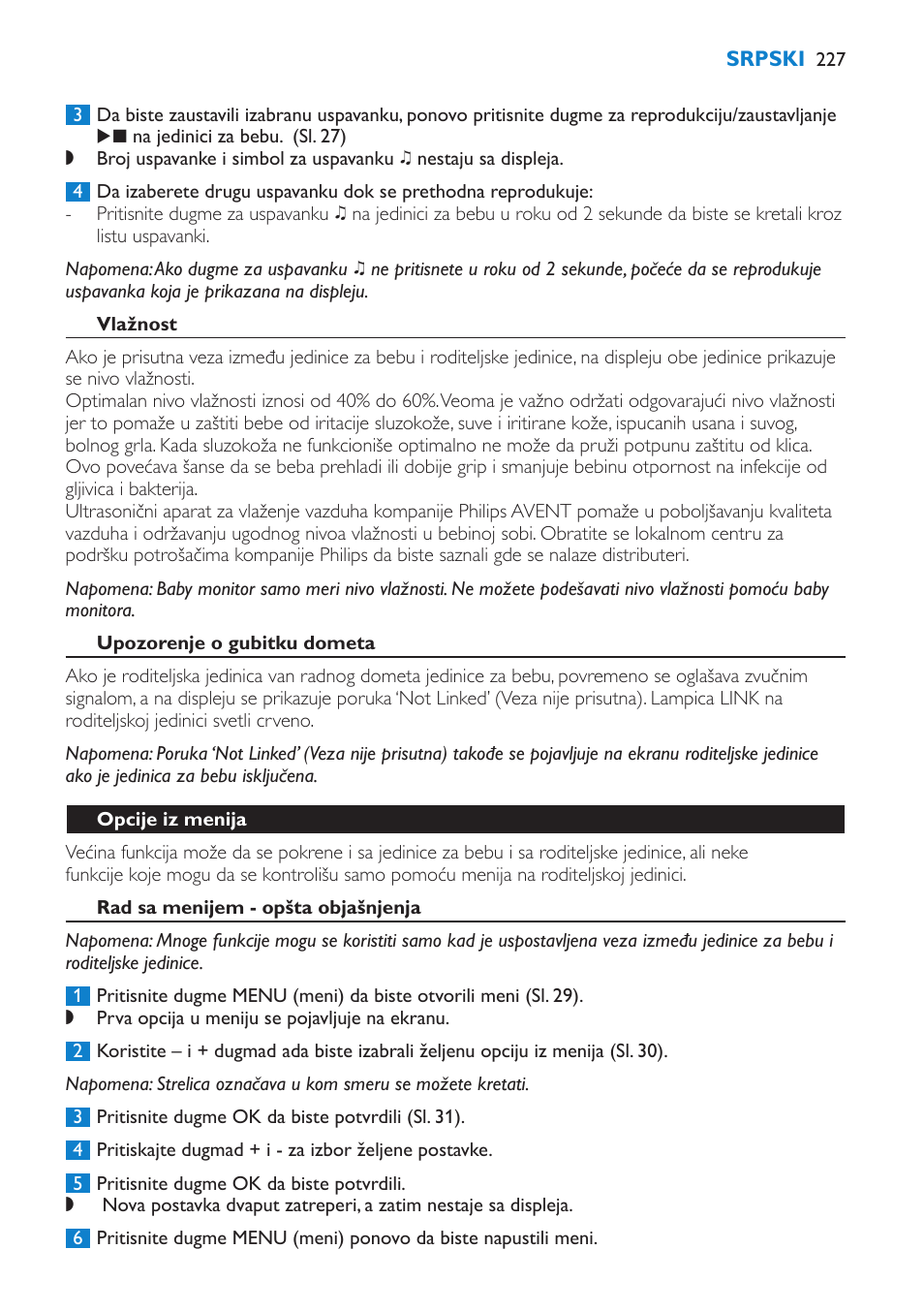 Vlažnost, Upozorenje o gubitku dometa, Opcije iz menija | Rad sa menijem - opšta objašnjenja | Philips SCD530 User Manual | Page 227 / 256