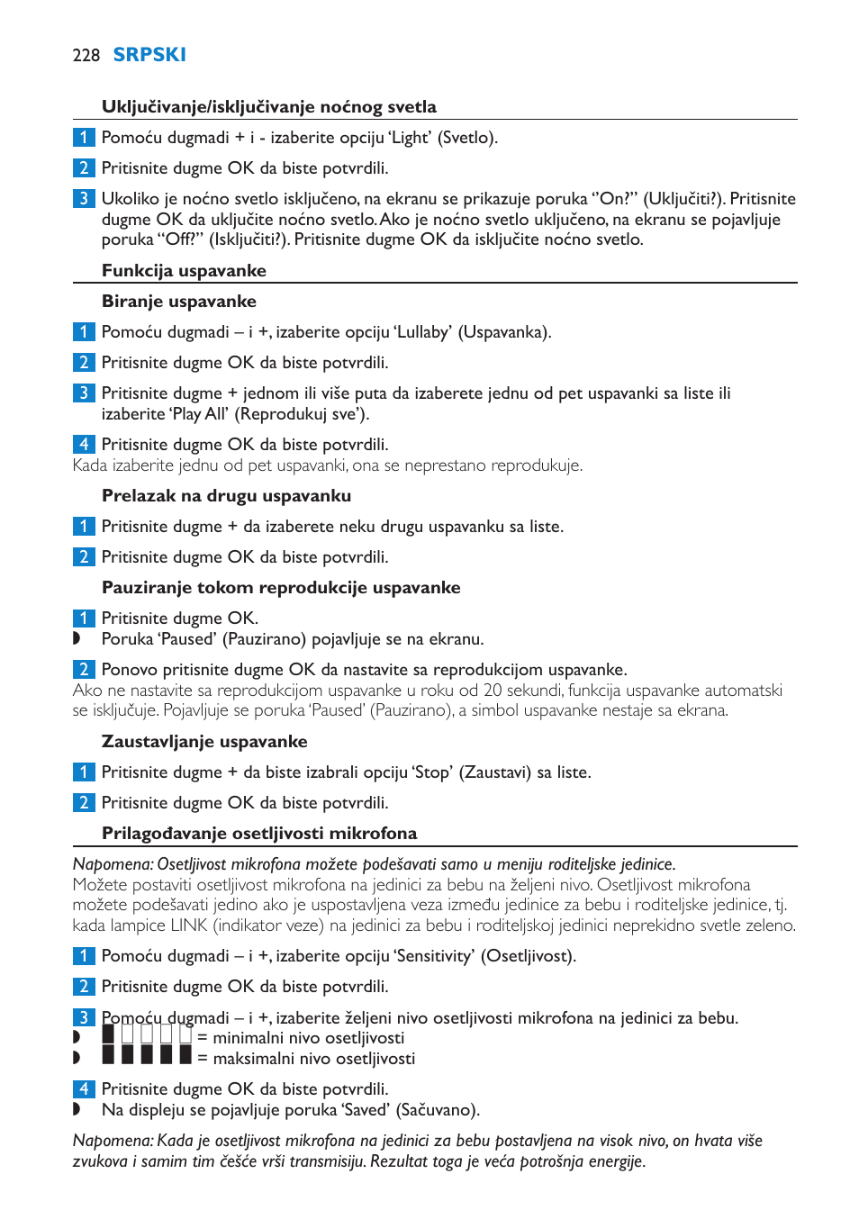 Uključivanje/isključivanje noćnog svetla, Funkcija uspavanke, Biranje uspavanke | Prelazak na drugu uspavanku, Pauziranje tokom reprodukcije uspavanke, Zaustavljanje uspavanke, Prilagođavanje osetljivosti mikrofona | Philips SCD530 User Manual | Page 228 / 256
