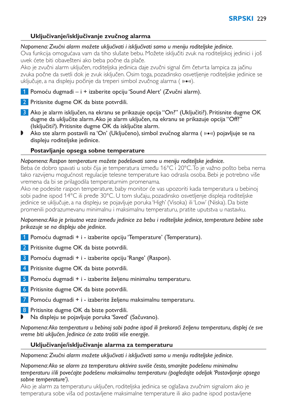 Uključivanje/isključivanje zvučnog alarma, Postavljanje opsega sobne temperature, Uključivanje/isključivanje alarma za temperaturu | Philips SCD530 User Manual | Page 229 / 256