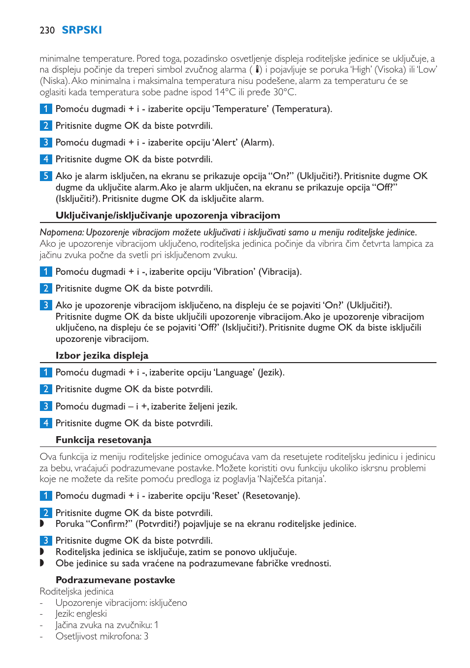 Uključivanje/isključivanje upozorenja vibracijom, Izbor jezika displeja, Funkcija resetovanja | Podrazumevane postavke | Philips SCD530 User Manual | Page 230 / 256